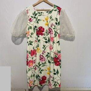 NY&Co XL Floral Midi Dress Sheer Puff Sleeve Romantic Preppy Feminine Wedding